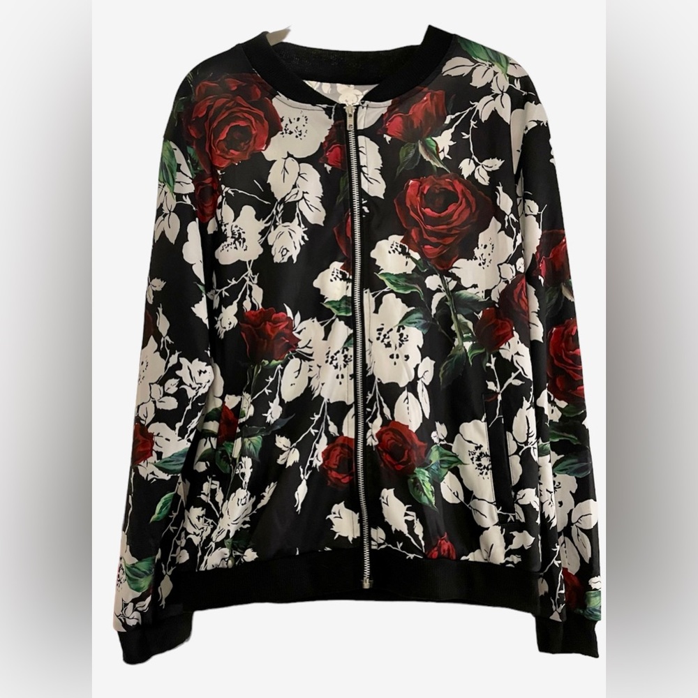 WOMEN’S B&W FLORAL JACKET DEEP RED ROSES AND GREEN STEM DESIGN SIZE XL